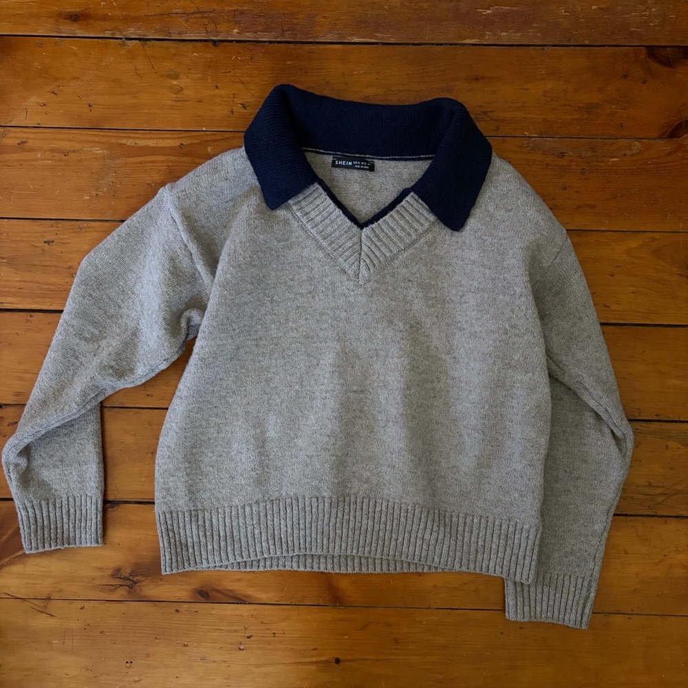 SHEIN Grey V-Neck Sweater with Navy Collar